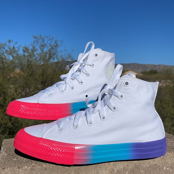 New White & Two-Tone Neon Pink & Turquoise Converse Hi Top Sneakers - Picture 3 of 13